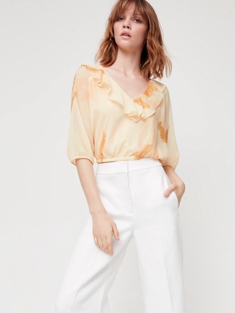 NEW Little Moon Aritzia Rosemary Blouse in Yellow Feather Print Ruffled Boho - Picture 2 of 8